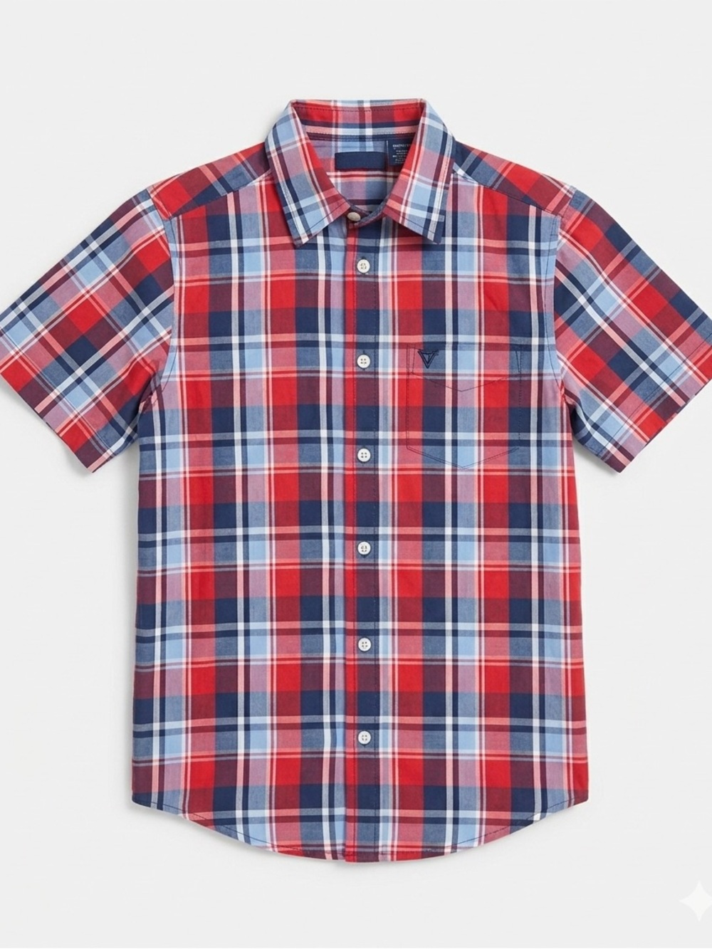 Wrangler Boys Plaid Short Sleeve Button Down Shirt - Red Navy Blue - Size 10/12